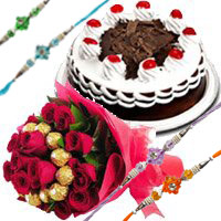 Order Rakhi in Mumbai with 16 pcs Ferrero Rocher with 30 Red Roses Bouquet and 1/2 Kg Black Forest Cake in Mumbai