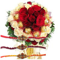 Rakhi Flowers Online Mumbai made of 36 Red White Roses 16 Pcs Ferrero Rocher Bouquet