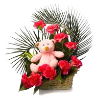 Same Day Delivery of New Year Flowers in Mumbai consist of Red Carnation Small Teddy Basket of 12 Flowers in Andheri