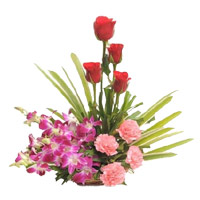 Send Rakhi with Flowers to Mumbai. Online Orchids, Roses, Carnation Basket of 12 Flowers to Mumbai