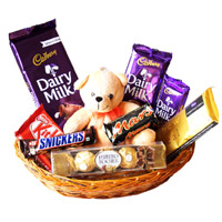 Exotic Chocolate Basket With 6 Inch Teddy. Deliver Diwali Gifts in Mumbai Online