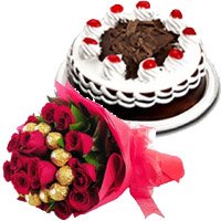Send Christmas Gifts to Mumbai together with 16 pcs Ferrero Rocher with 30 Red Roses Bouquet and 1/2 Kg Black Forest Cake in Mumbai