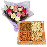 Bhaidooj Gifts to Mumbai : Deliver 12 Mixed Carnation With 1/2 Kg Dry Fruits to Mumbai