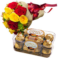 Place Order for Christmas Flowers Online in Mumbai with 12 Red Yellow Roses Bunch 16 Pcs Ferrero Rocher Chocolates in Mumbai