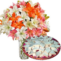 Order Gifts for Friendship Day that is 18 Pink White Lily Vase, 1/2 Kg Kaju Katli, Sweets to Mumbai 