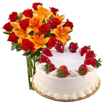 Send Happy Friendship Day Cakes. 8 Orange Lily with 12 Roses in Vase and 1 Kg Strawberry Cake from 5 Star Bakery , Send Friendship Day to Mumbai Online
