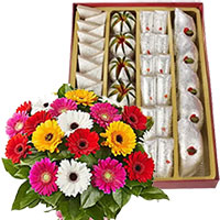 Deliver 500 gm Assorted Kaju Sweets with 12 Mix Gerbera Flowers in Akola