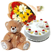 Send Online Flowers for Friendship, 12 Gerbera Bouquet, 1 Kg Pineapple Cake and 1 Teddy Bear to Mumbai