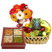 Online Diwali Gifts Delivery in Mumbai consist of Bunch of 12 Mix Gerberas with 3 kg Fresh fruit Basket and 0.5 kg Mixed Dry fruits