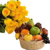 New Year Gifts to Nashik 12 Yellow Roses Bunch with 1 Kg Fresh Fruits Basket to Kolhapur