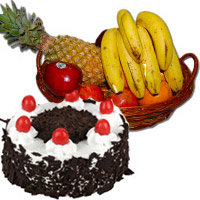 Get New Year Gifts to Mumbai incorporated 1 Kg Fresh Fruits Basket with 500 gm Black Forest Cake in Mumbai
