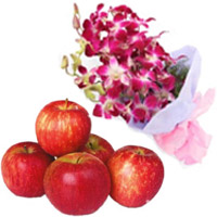 Online Friendship Gifts Delivery in Mumbai.Purple Orchid Bunch 5 Flowers Stem with 1 Kg Fresh Apple