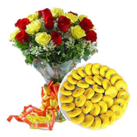 Place Online Order for Durga Puja Gifts to Mumbai. 1 kg Mava Peda with 12 Mix Roses Bouquet Mumbai