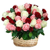Online Flowers of Red Pink White Roses Basket 50 Flowers on Friendship Day