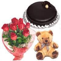 Send Flowers with Rakhi to Mumbai and Deliver Online Bunch of 12 Red Roses, 1 kg Chocolate Truffle Cake, 9 inch Teddy