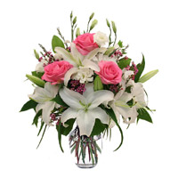 Christmas Flowers to Mumbai send to Pink Roses and White Lily in Vase 12 Flowers in Nagpur